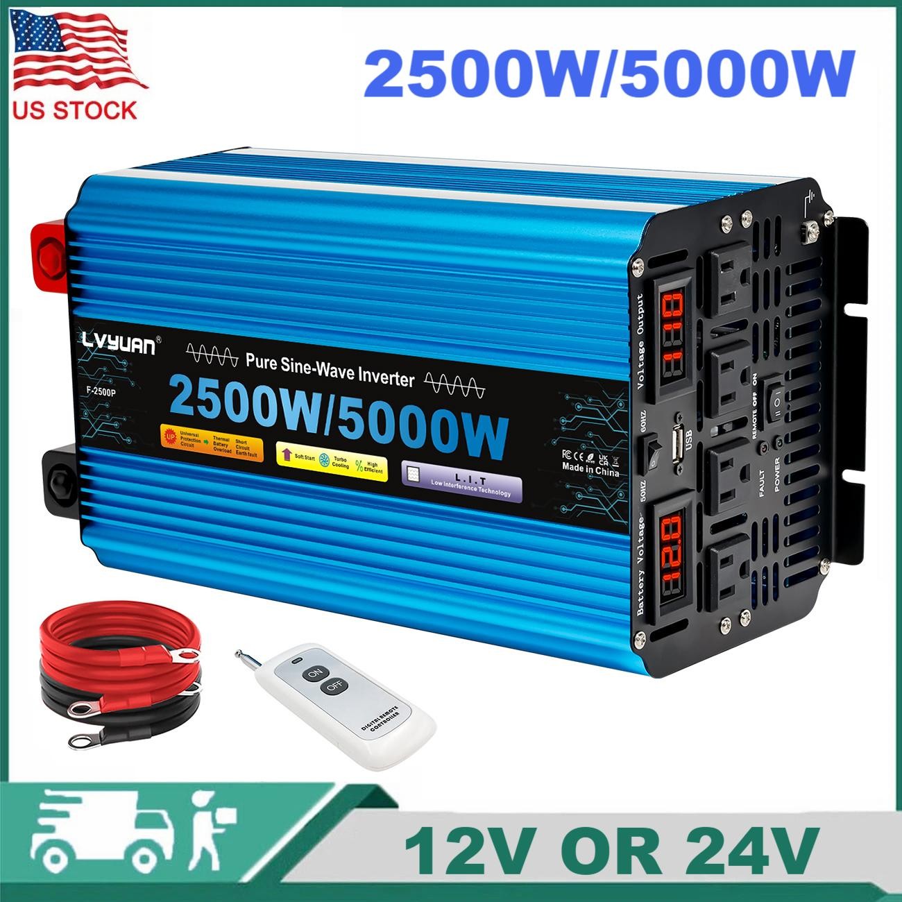 2500W 5000W Pure Sine Wave Power Inverter 12V/24V to 110V 50Hz/60Hz Converter US