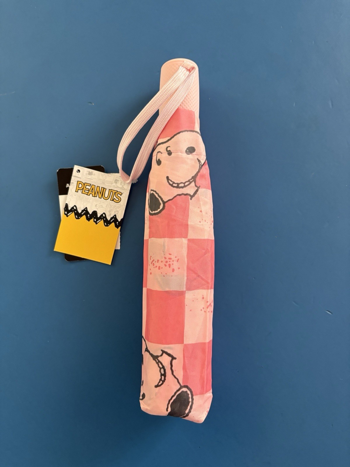 Peanuts Snoopy Pink Checkered Auto Open/Close Umbrella with Sleeve  NWT