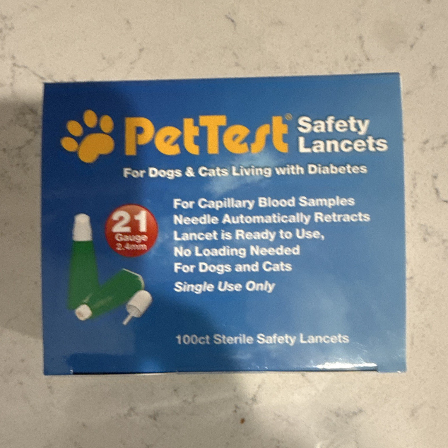 PetTest Safety Lancets 21G 2.4mm Sterile Single Use, 100 Count