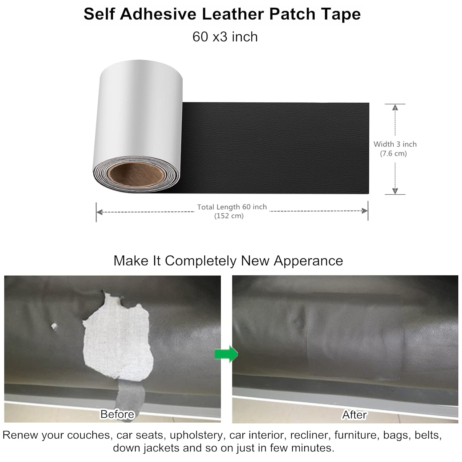 Self Adhesive Leather Repair Patch Tape 3X60 Inch, Vinyl and Leather Repair Kit