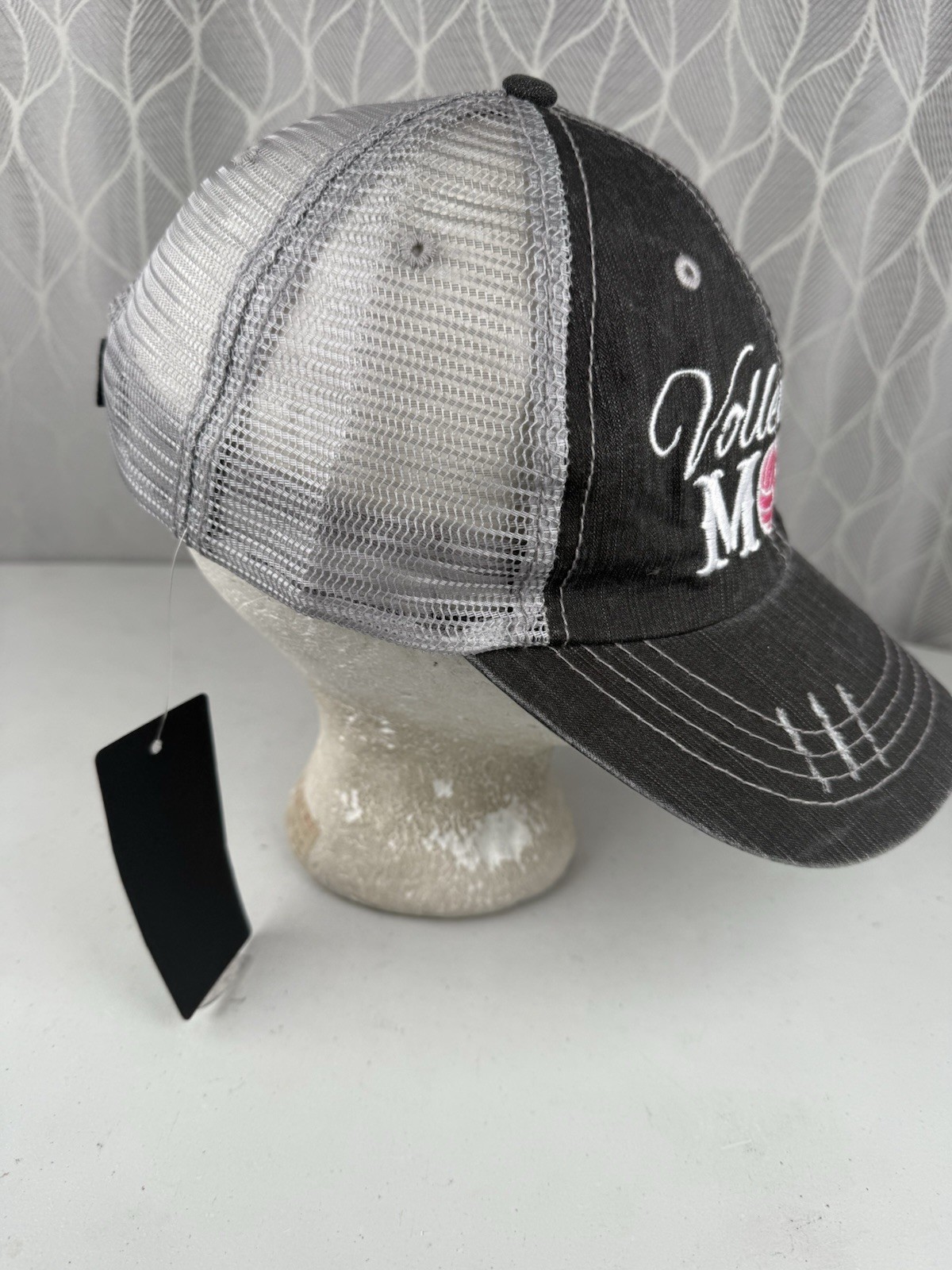 Volleyball Mom white and pink on gray distressed Hat Cap White Mesh NWT HookLoop