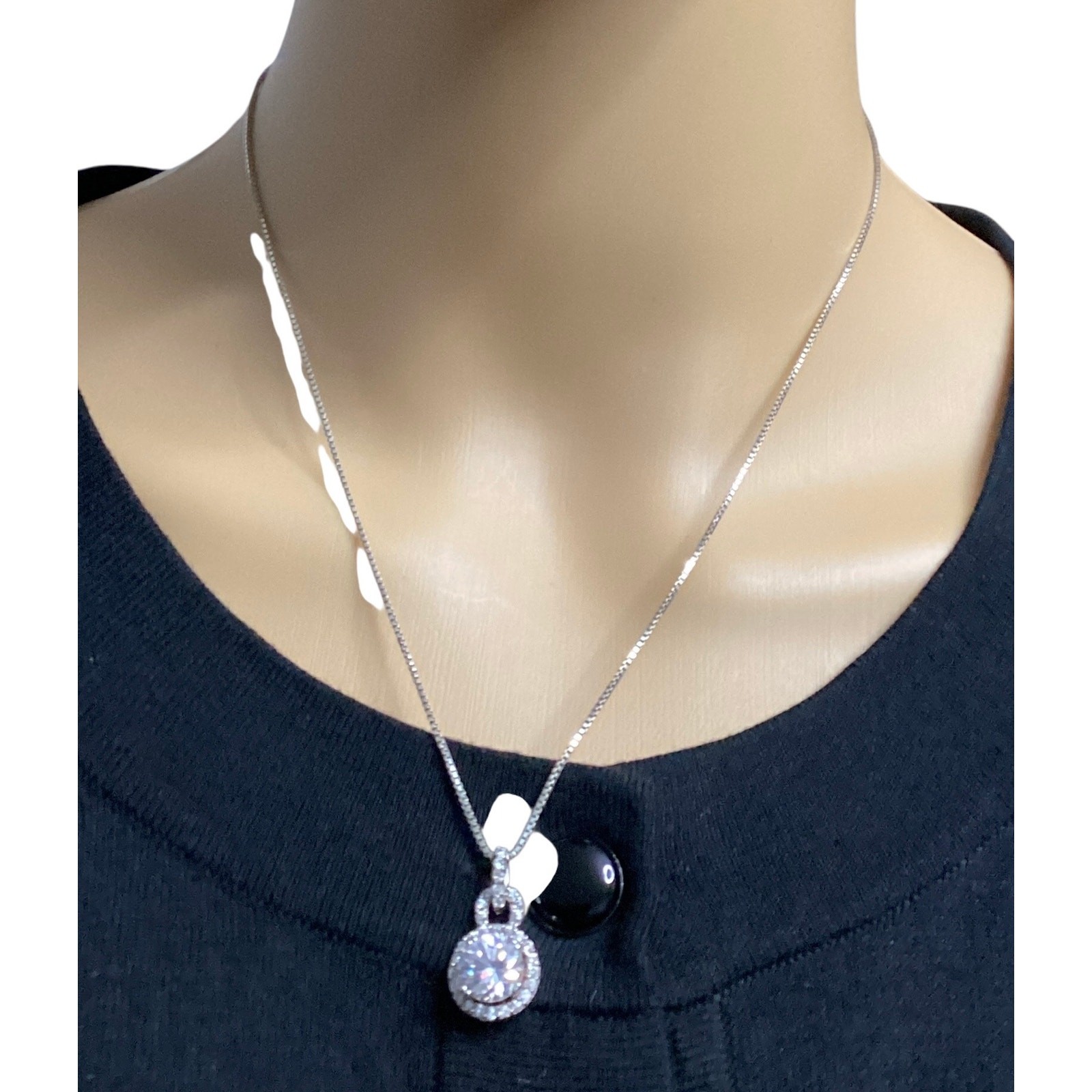 925 Italian Sterling Silver Halo Pendant Necklace Cubic Zirconia center stone