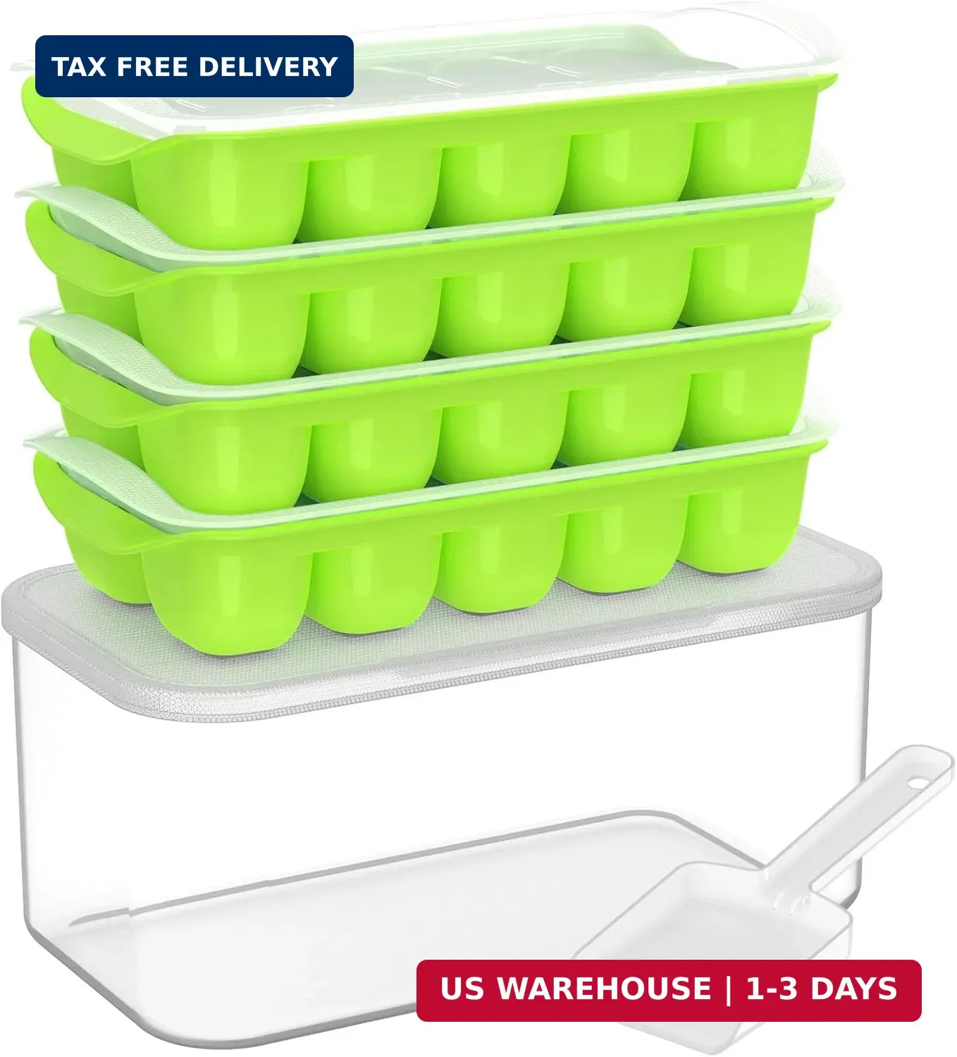 Ice Cube Tray with Lid and Bin Stackable Silicone Freezer Ice Maker Set