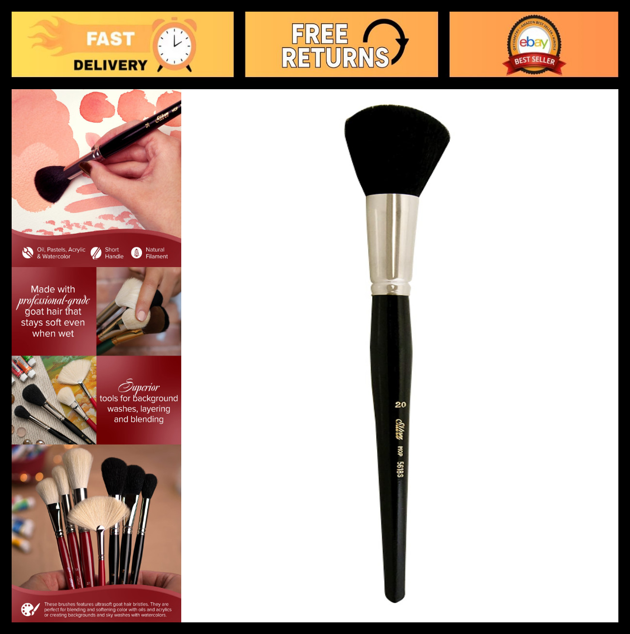 Size 20 Round Oil Paintbrush - Silver Mop, Soft Goat Hair, Short Handle for Acry