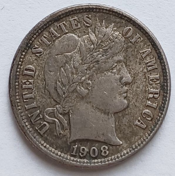 1908-D Barber Silver Dime Ch AU, Denver 10C