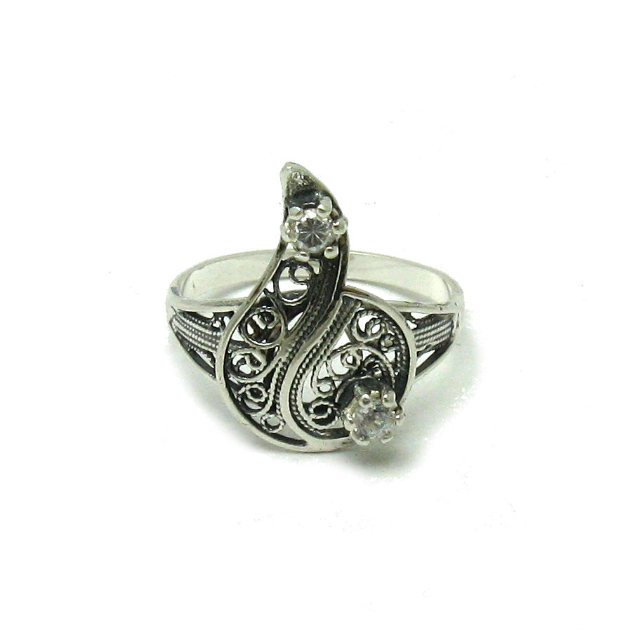Stylish Sterling Silver Filigree Ring Solid 925 With 2 Cubic Zirconia Handmade