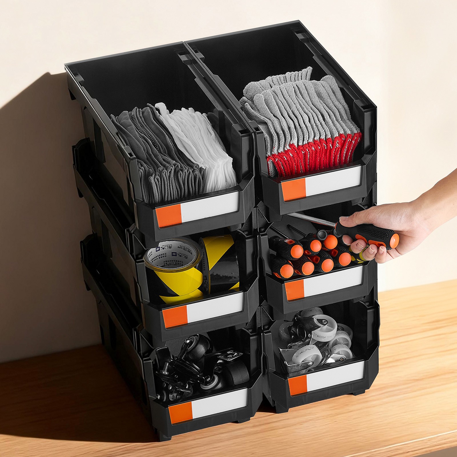 Uimoso Plastic Stackable Storage Containers 6 pcs Garage Organizer Black