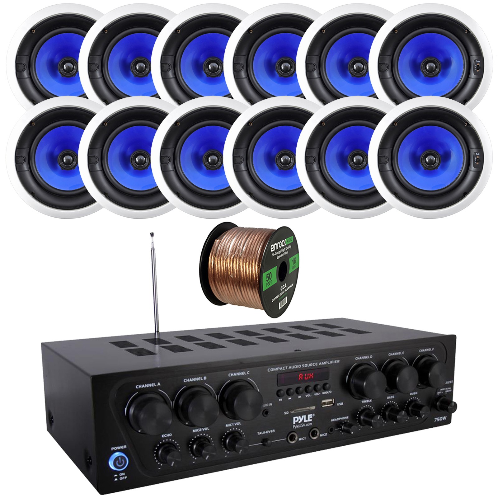 Pyle PTA62BT Bluetooth Receiver Bundle w/ 12x 8" Full Range Stereo Speaker, Wire