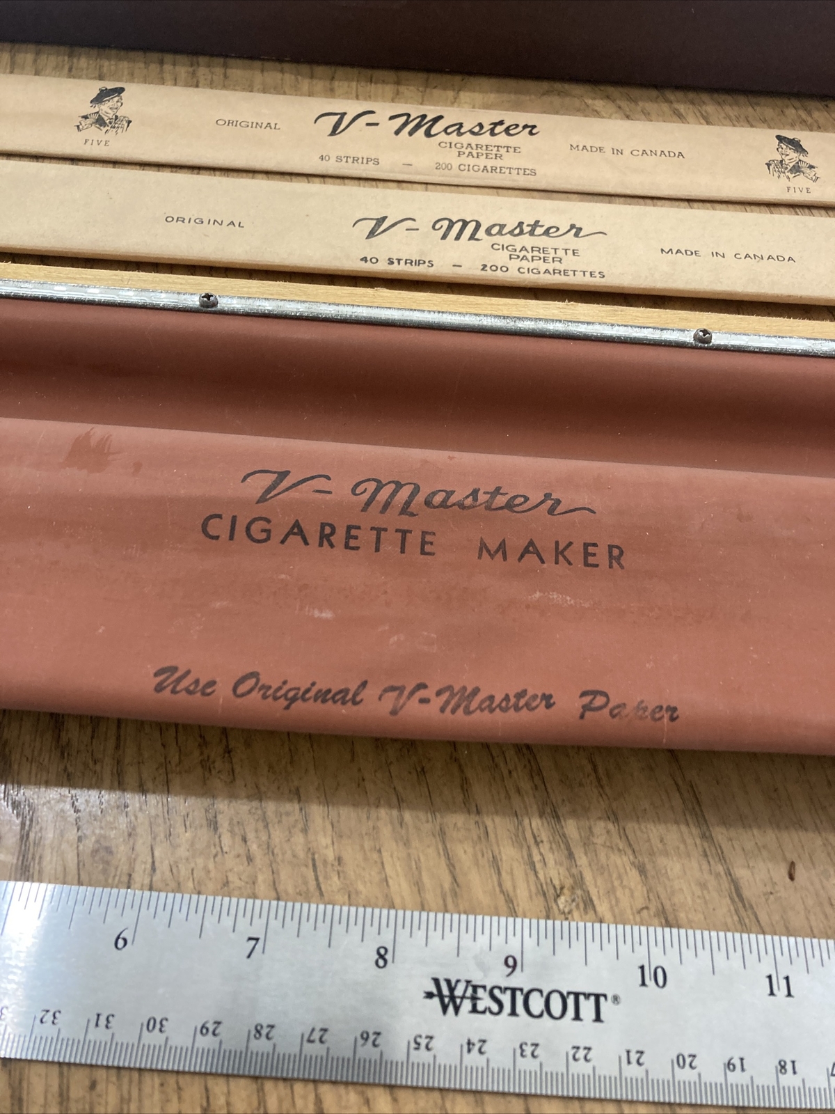 MID CENTURY V-MASTER EXTRA LONG 16" CIGARETTE MAKER ROLLER W/PAPERS IN ORIG. BOX