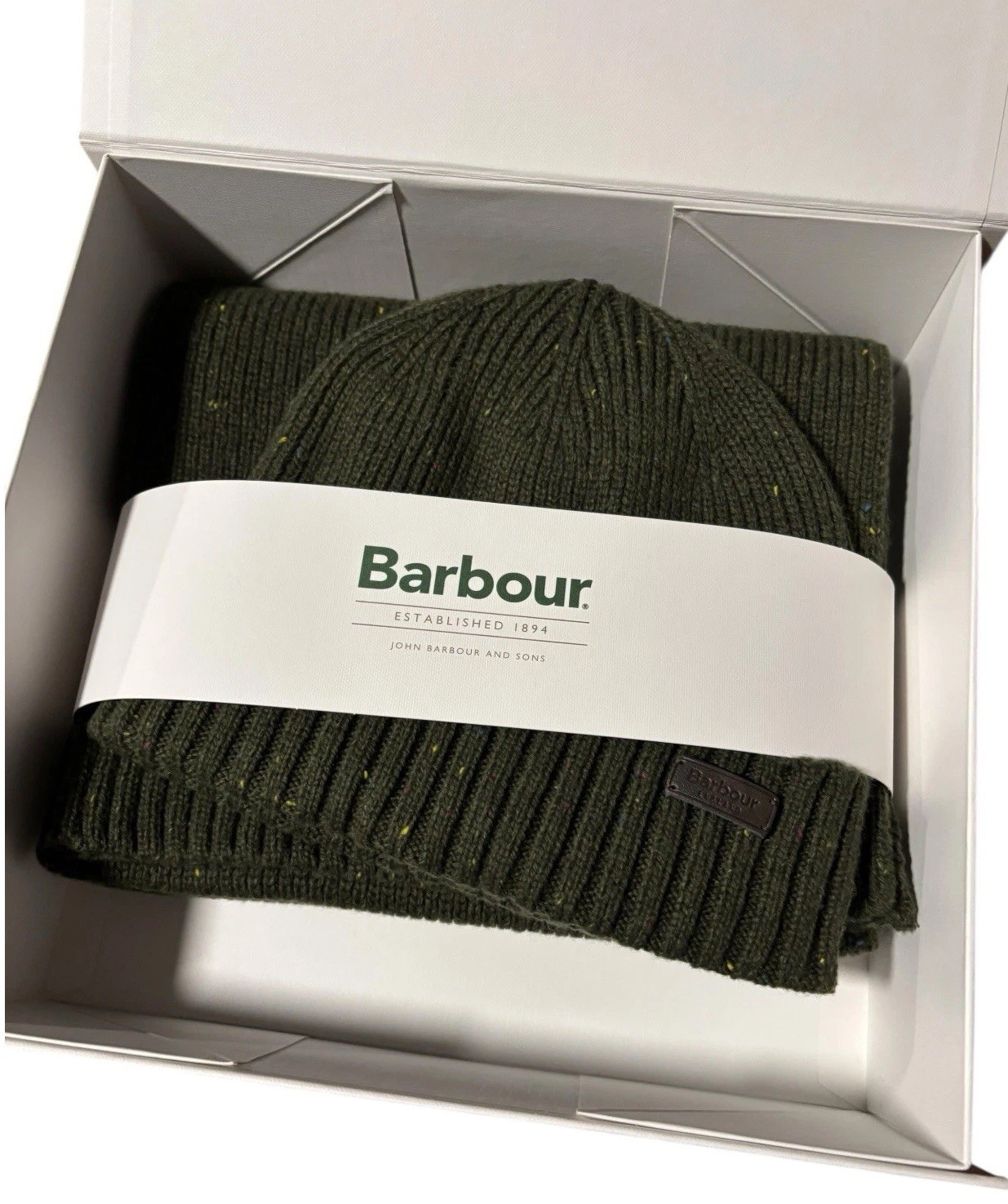 BARBOUR Mens Carlton Fleck Beanie Hat and Scarf Gift Set Olive Green BNWT