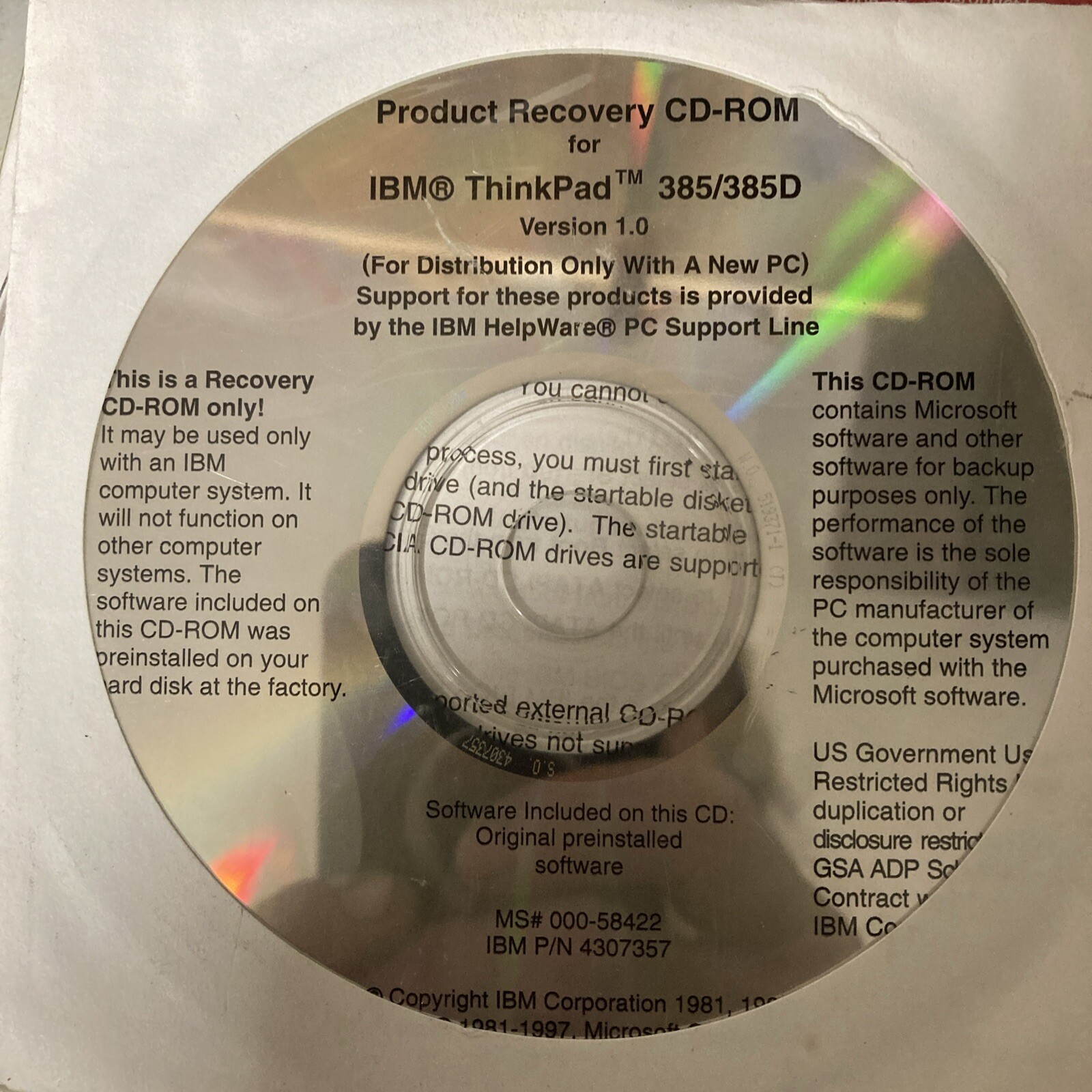 IBM Thinkpad Version 1.0 Software Selection And Product Recovery CDs Factory Reb