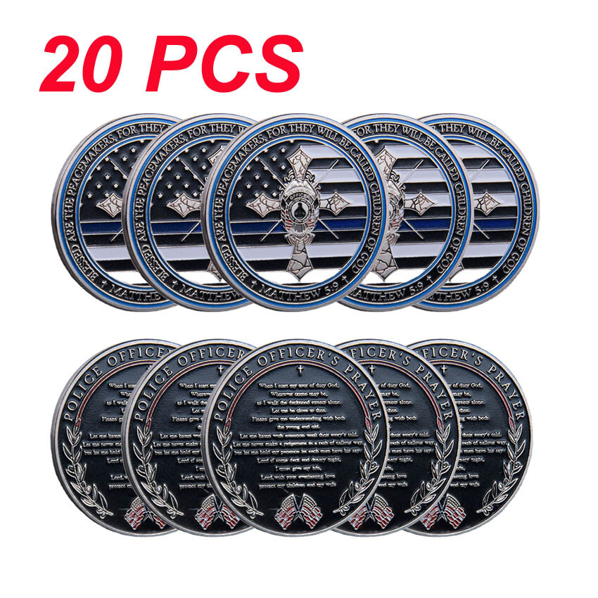 20PCS Challenge Coin Law Enforcement Police Officer Thin Blue Line Prayer Silver