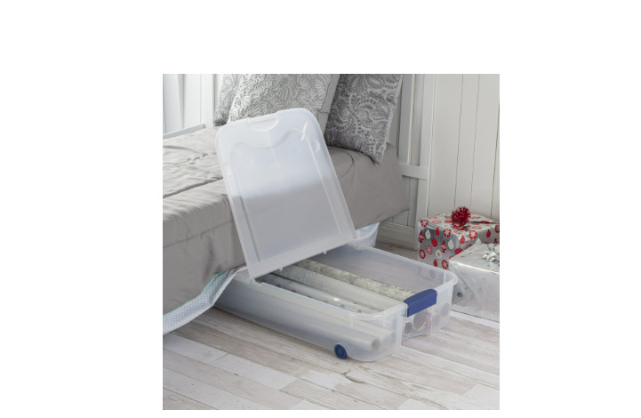 66 Qt Clear Underbed Storage Bin with Lid & Wheels Blue Rolling Box