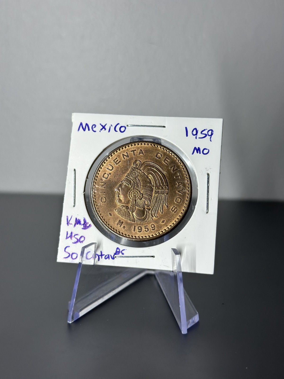 1959 Mo Mexico 50 Centavos Uncirculated UNC Cuauhtémoc Aztec Coin
