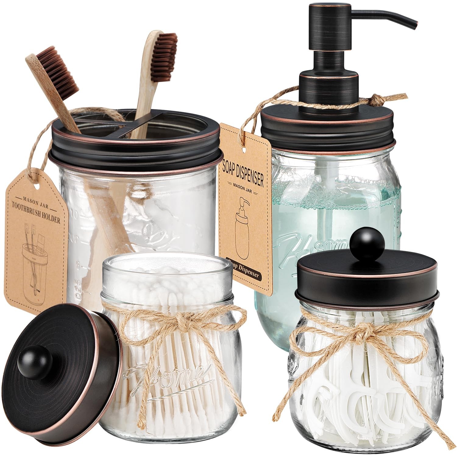 Mason Jar Bathroom Accessories Set 4 Pcs -Lotion Soap Dispenser & 2 Qtip Hold...