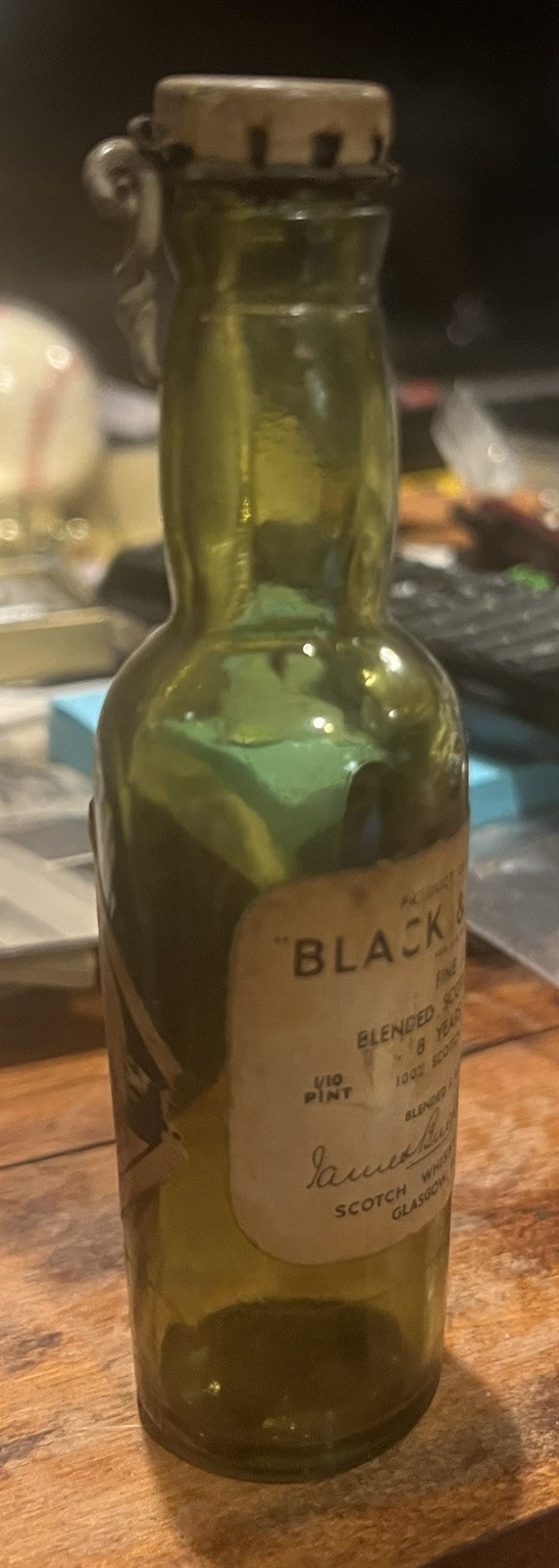 Black & White Scotch Antique Mini Whiskey Bottle Spring Top 1/10th Pt.