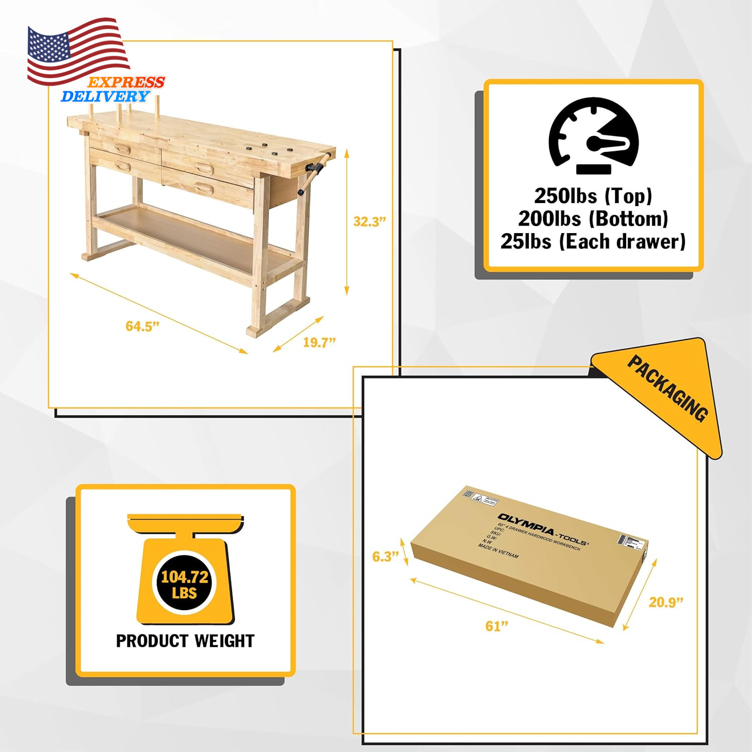 60" Rubber Hardwood Workbench with 4-Drawers 450Lbs Load for Garage Workshop