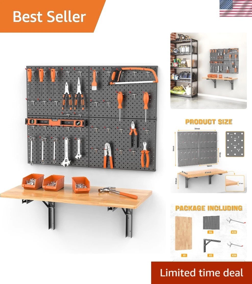 Durable Wall-Mounted Work Table with Pegboard Accessories - 150 lbs Capacity