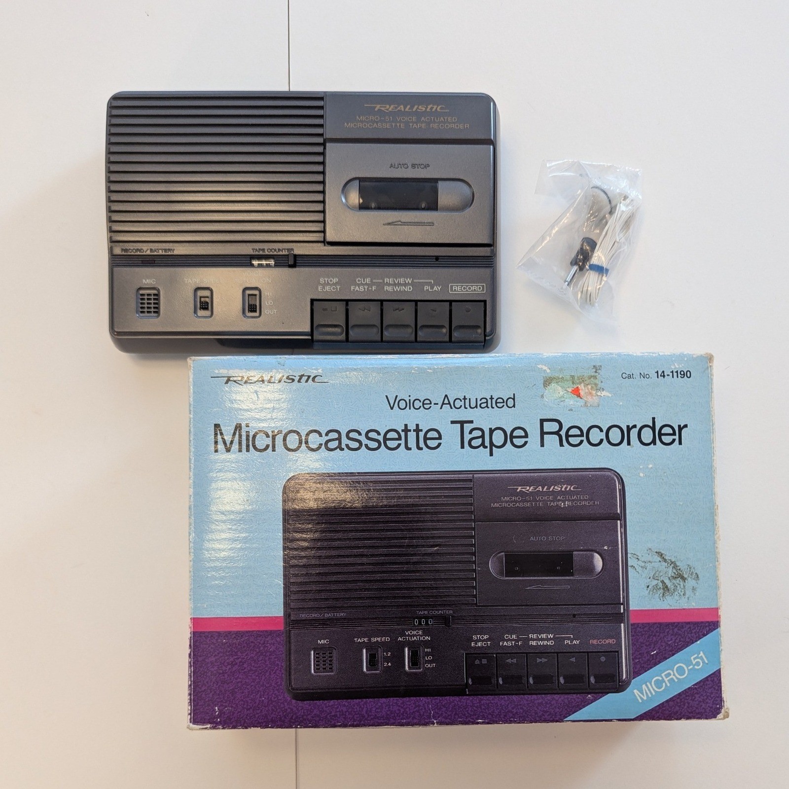 Vtg Realistic Microcassette Tape Recorder Voice Actuated Micro-51 14-1190 In Box