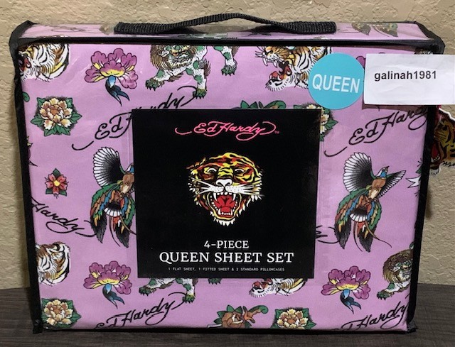 Ed Hardy Purple 4pc QUEEN Sheet Set w/Tigers,Shishi Guardian Lions,Flowers,Birds