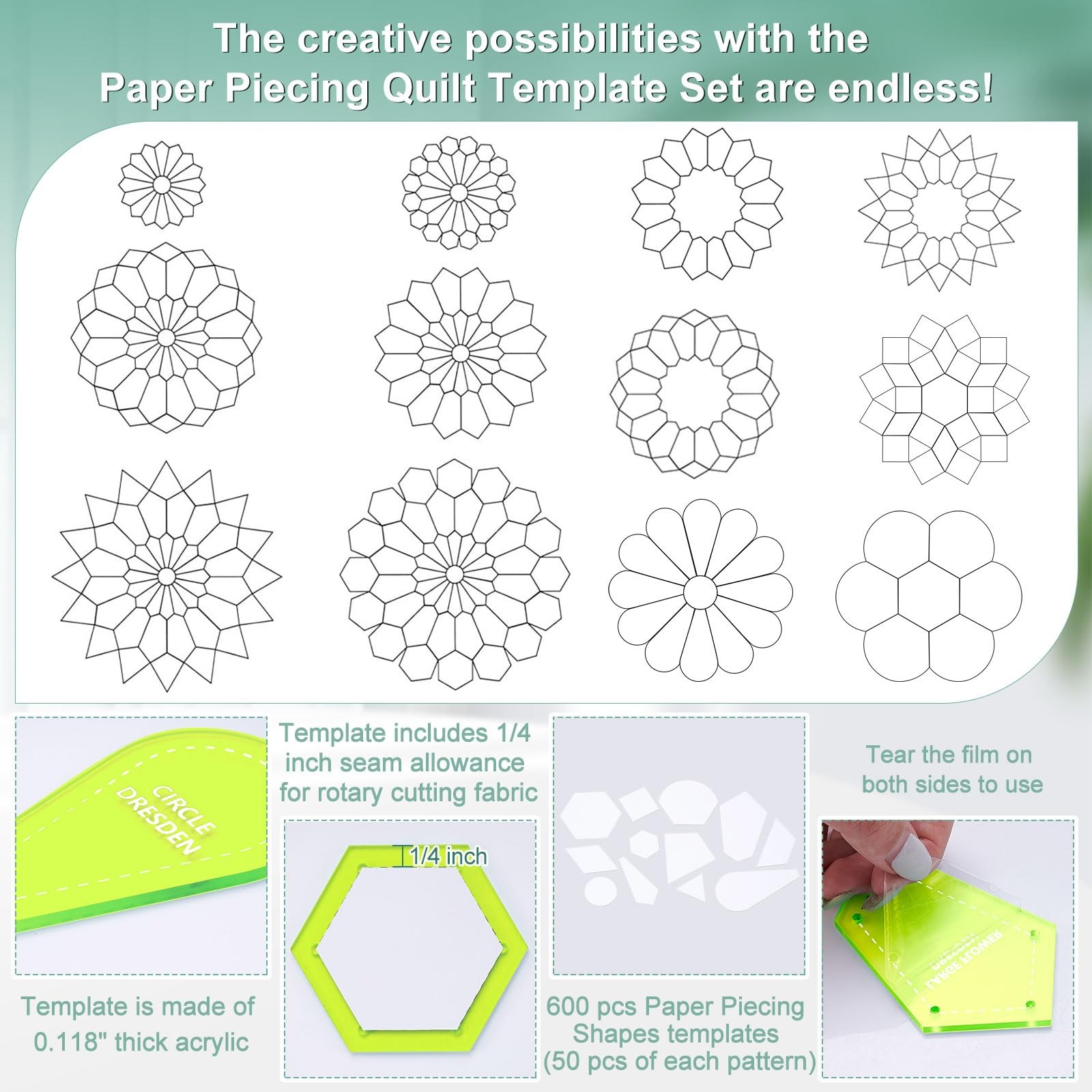612 PCS Patchwork Paper EPP English Piecing 12 Shapes Acrylic Templates Set