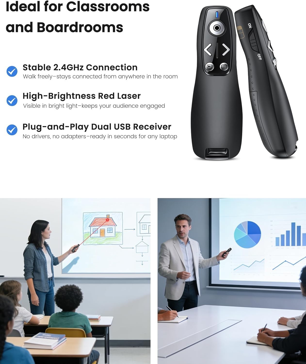 Plug & Play 2.4GHz Presentation Clicker with Volume Control & Red Light Pointer