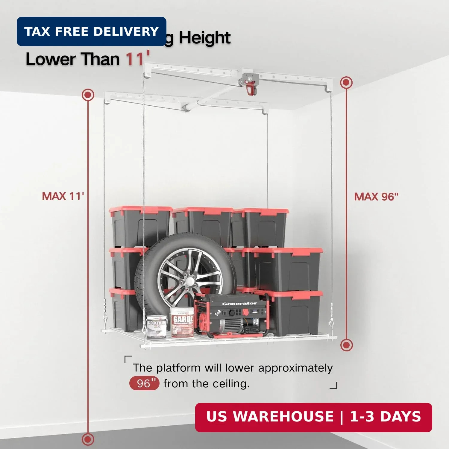 Overhead Garage Storage Rack, Adjustable Heavy-duty 4x4 Ft Ceiling Storage Racks