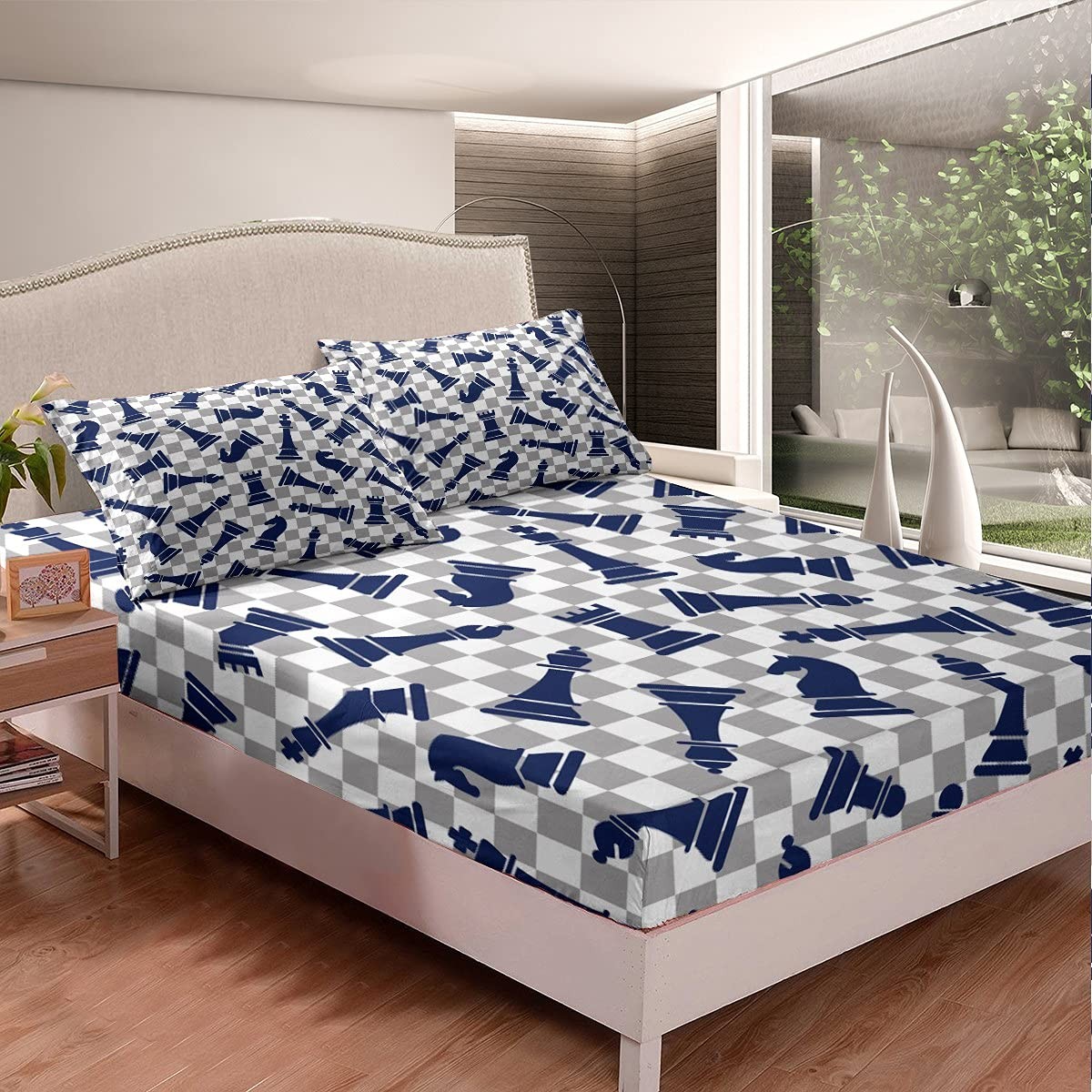 International Chess Bed Sheets Twin Size,Chess Board Game Bedding Set for Boy...