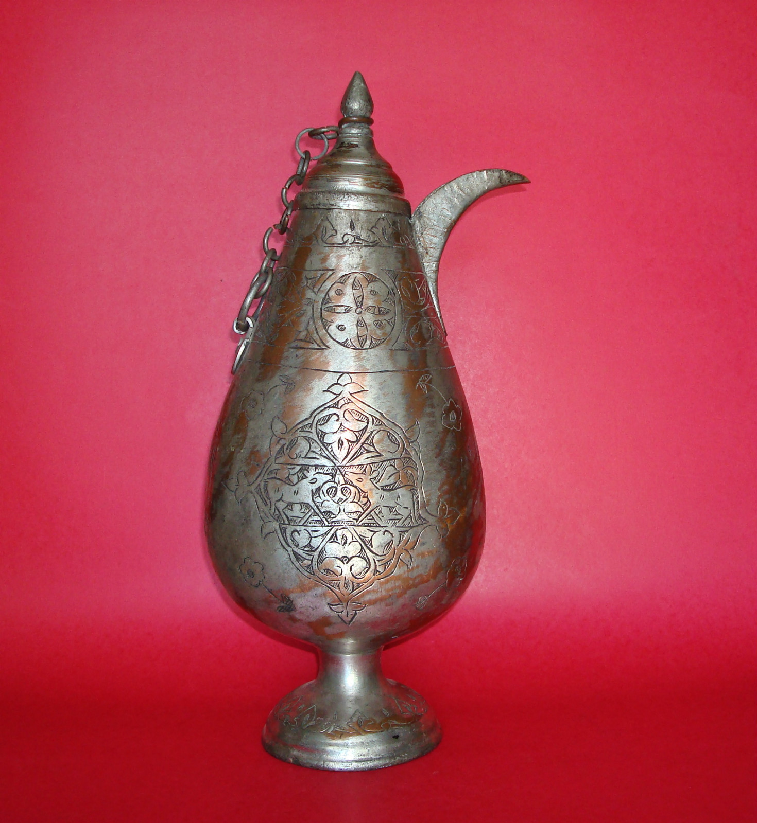 19th Century Persian Ottoman Bedouin Engraved Tinned Copper Footed Ewer
