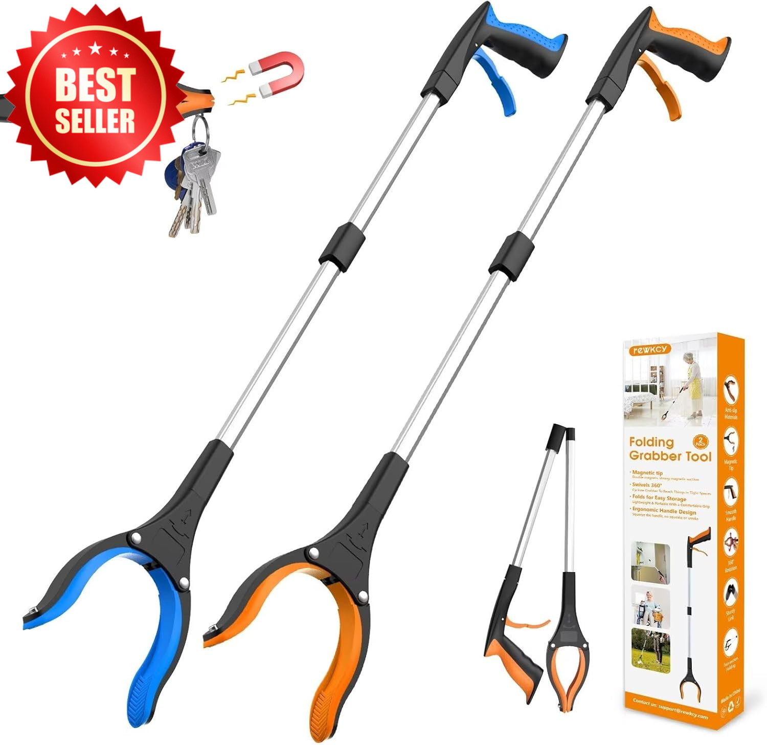 2 Pack 32" Foldable Grabber Reacher Tool Seniors Rotating Jaw Magnet HD US