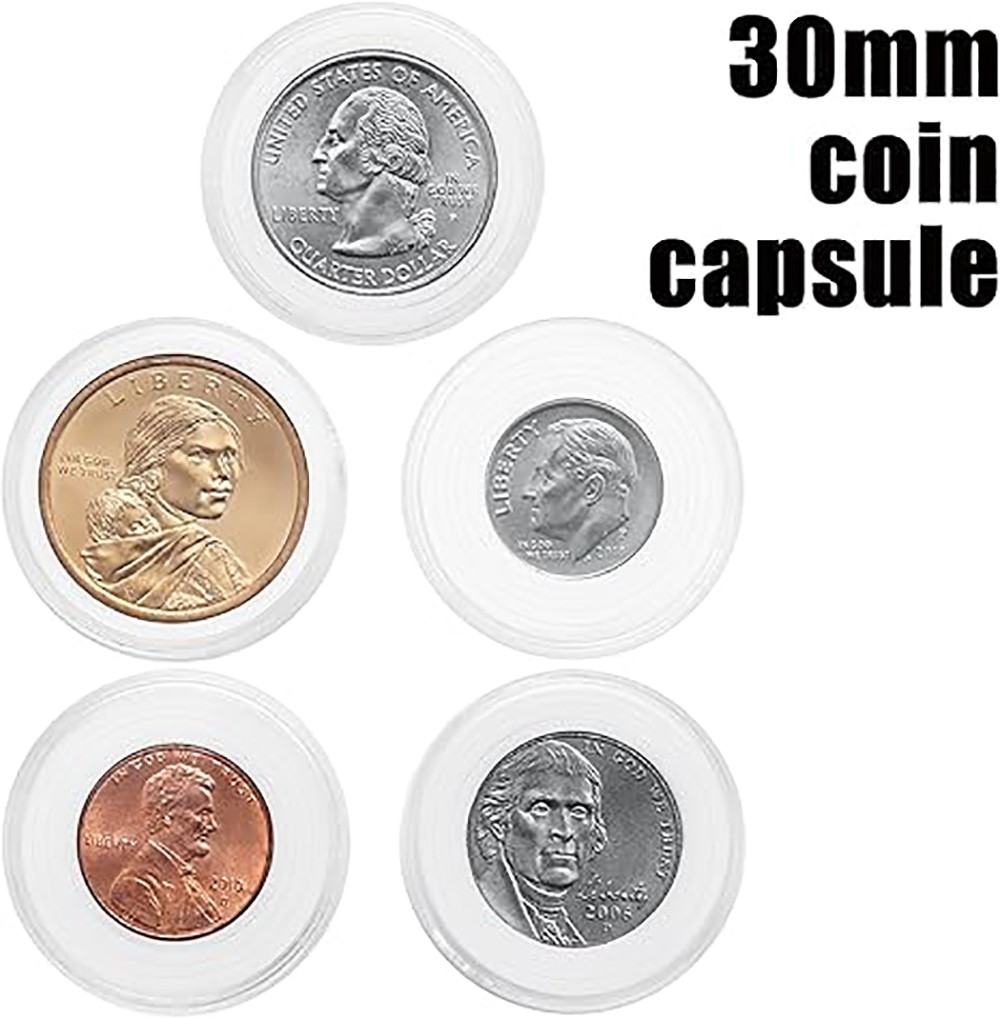 100Pack Clear Coin Capsule Round Plastic Holder 30mm Container Storage Box Case