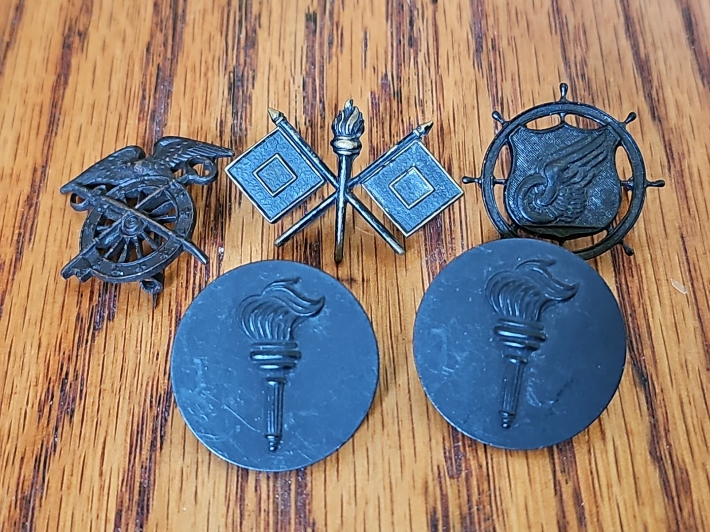 5 US Army Black Clutchback Uniform Pins ROTC Signal Quartermaster Transportation