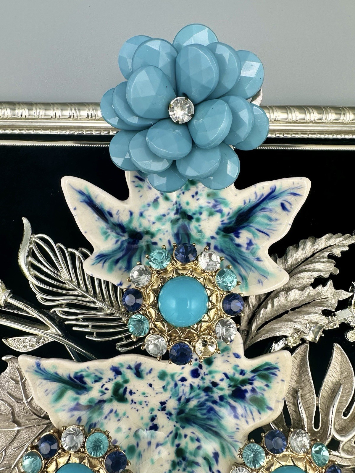Jewelry & Ceramic Framed Artwork 8x10” Blue & Silver Wall/Tabletop Display OOAK