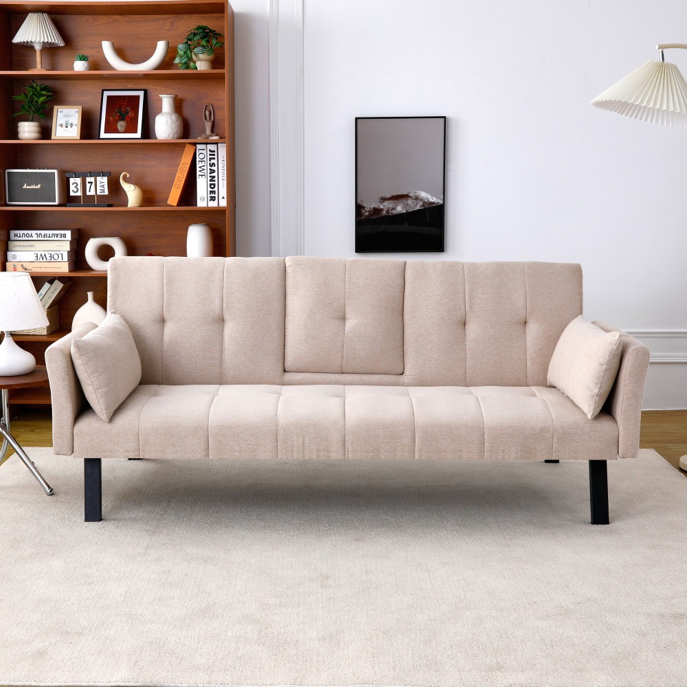 70" Cotton Linen Sofa Bed, Foldable Sofa w/Cup Holder& Storage,Multi-Functional