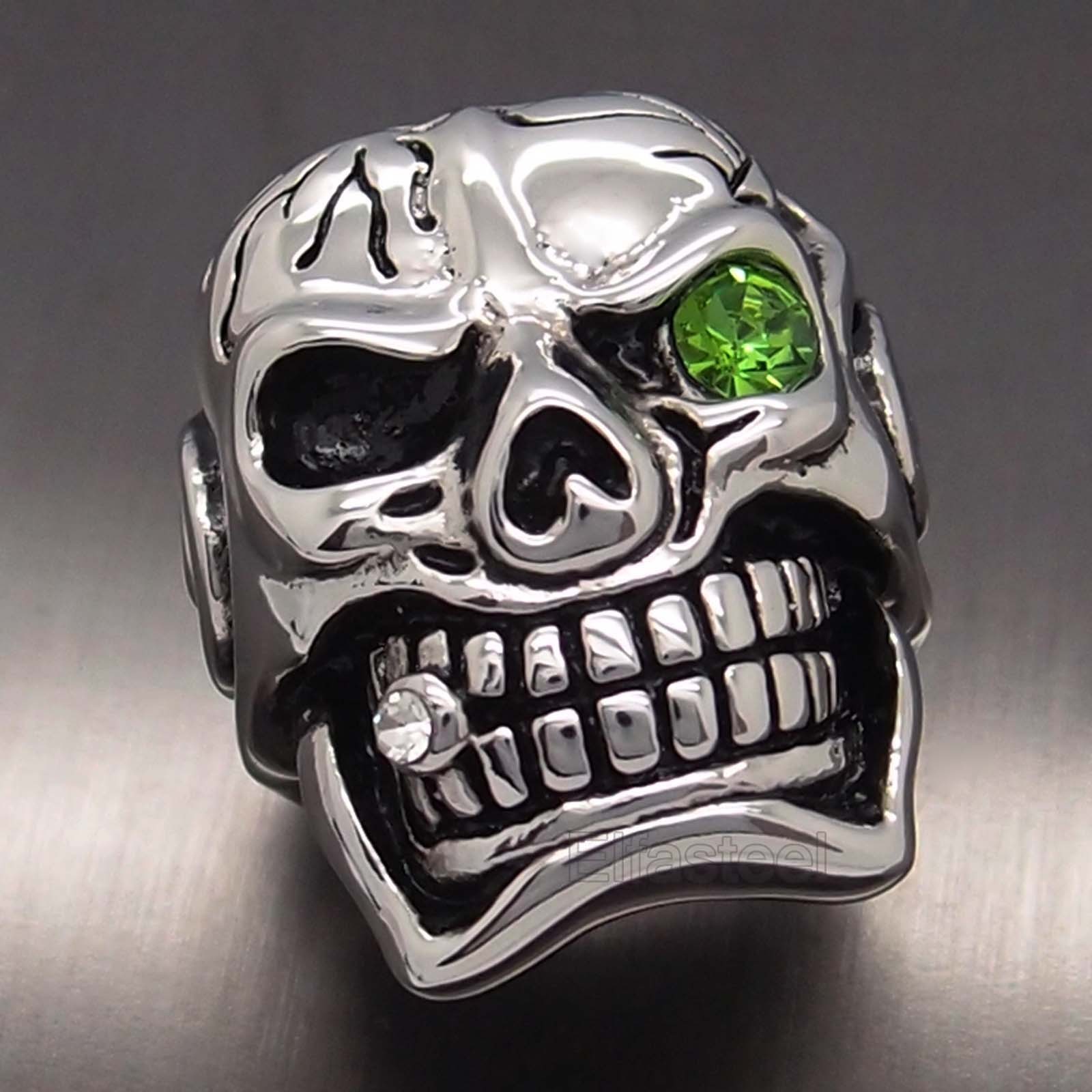 MENS Huge Silver Skull Green Eye Cigar CZ 316L Stainless Steel Biker Ring