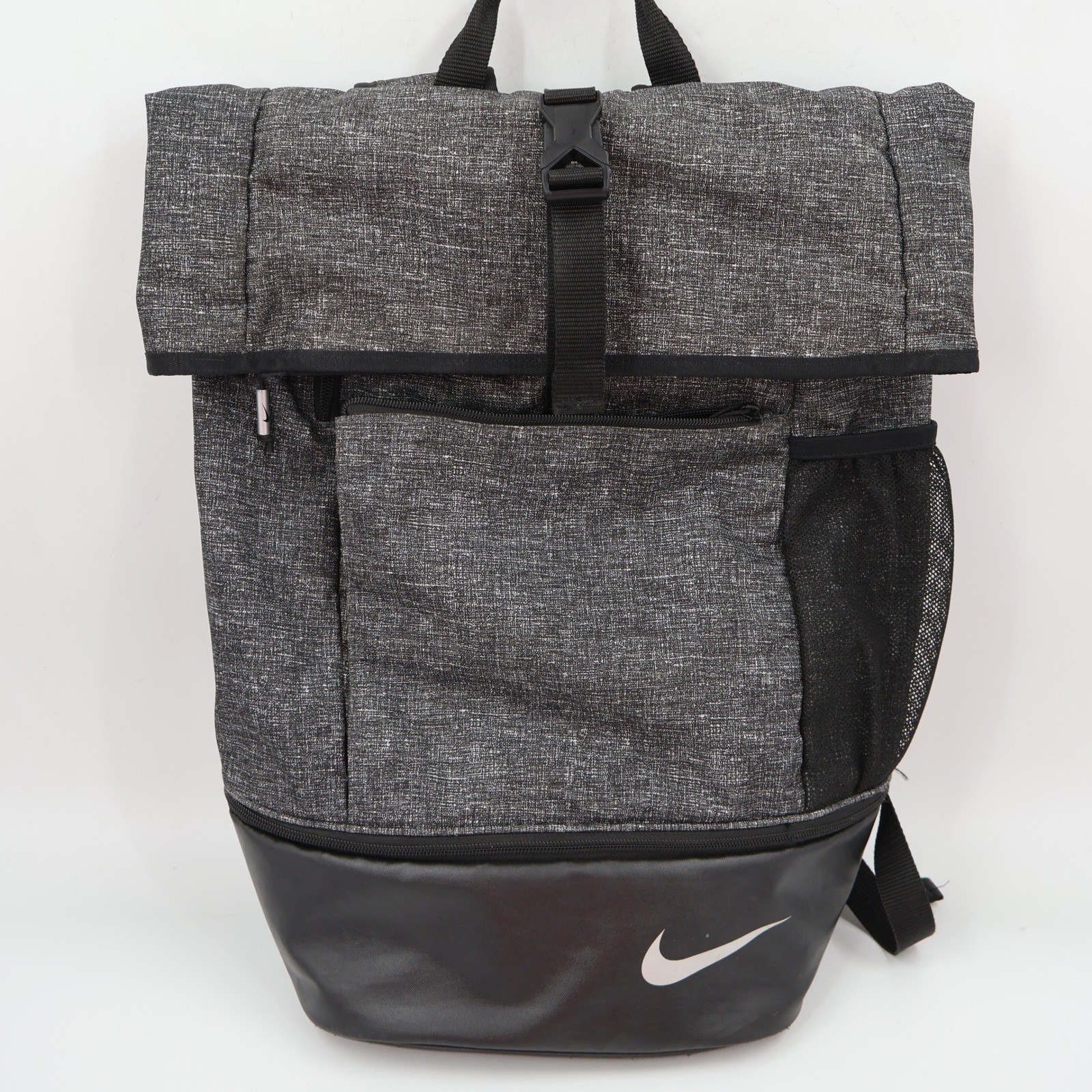 Nike Roll Top Backpack Unisex OS Grey Black Heathered Swoosh Logo Buckle