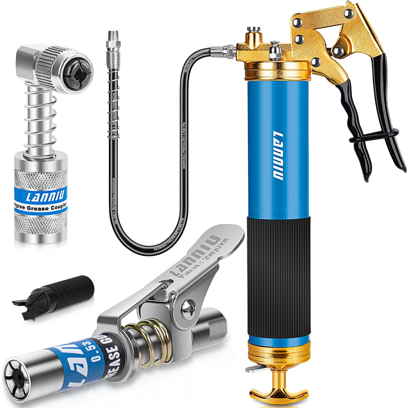 LANNIU Grease Gun Kit, 8000 PSI Heavy Duty Pistol Grip Grease Gun with 14 OZ ...