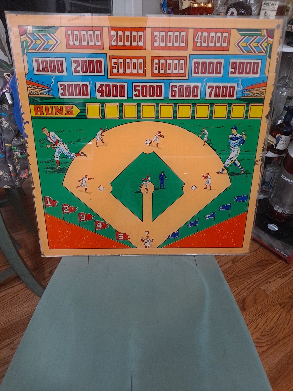 BASEBALL DIAMOND W/ PLAYERS, Original Pinball Machine BACK GLASS, 1940's
