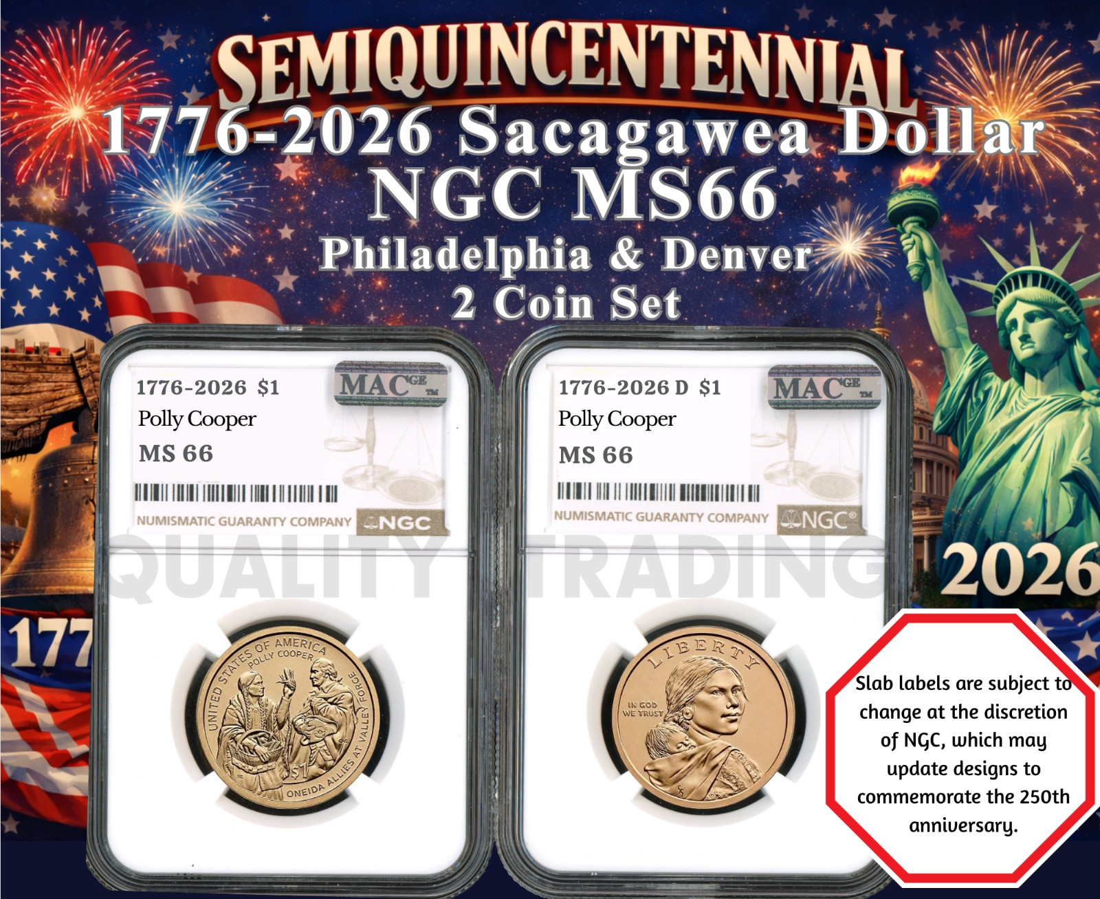 2026 P D SACAGAWEA DOLLAR SEMIQUINCENTENNIAL NGC MS66 2 COIN SET PRESALE