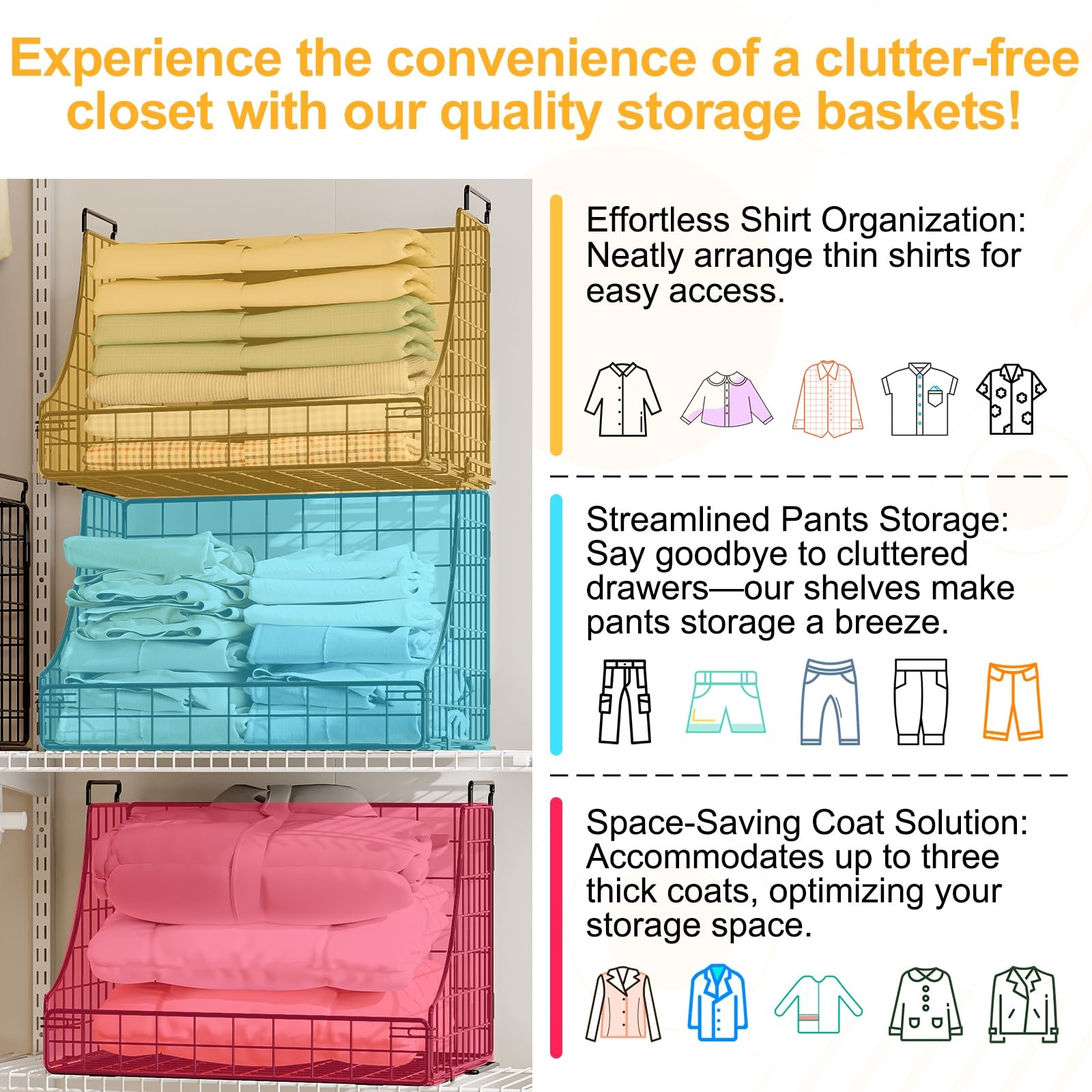 4-Pack Stackable Wire Baskets for Closet Organizers and Storage, Open Storage...