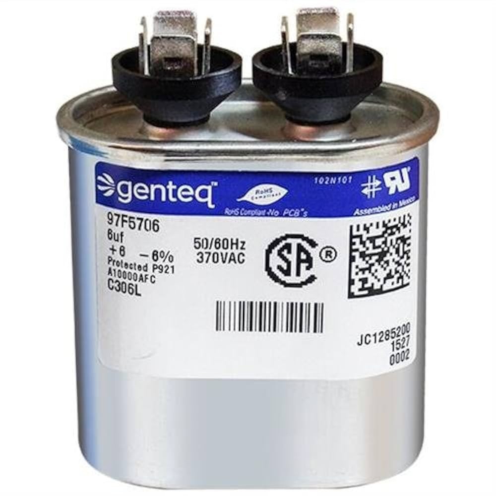 Genteq 27L956 Capacitor, Cap 10 uF, Tol 6%, 370 AC, QC, Motor Run, Oval