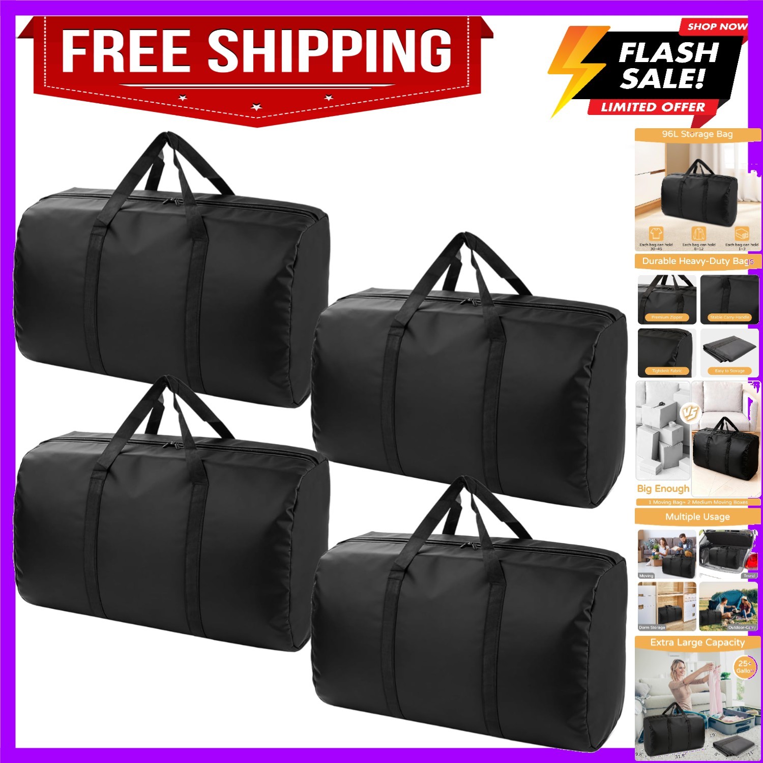 4 Pack 96L Extra Large Moving Bags with Zippers & Carrying Handles for Storag...