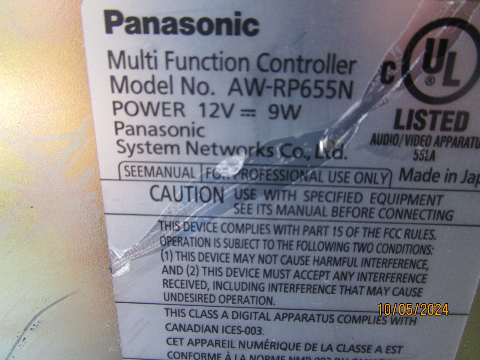 Panasonic AW-RP655 Camera Control Untested