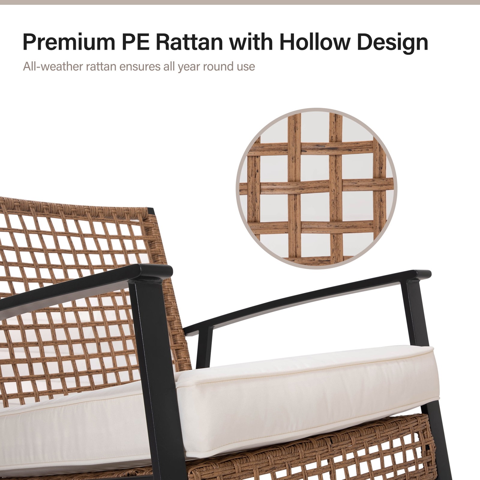 3 Pieces with 2-Tier Coffee Table, PE Wicker Rocking Chairs with Beige Cushions