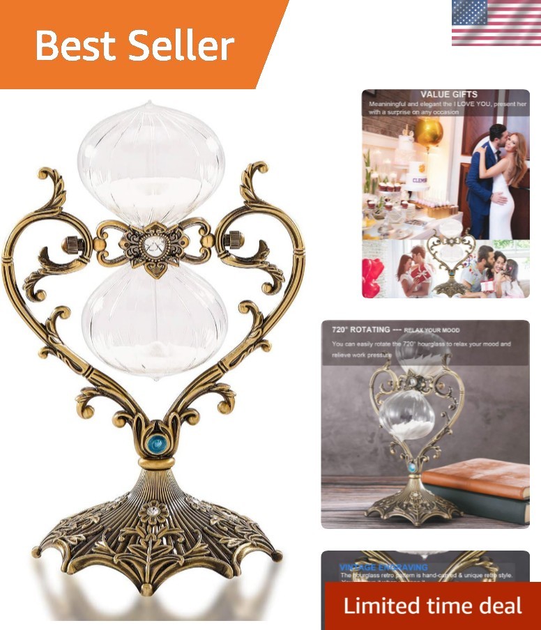 Decorative Rotating Sandglass Timer - 60-Minute Brass Hourglass Home Accent