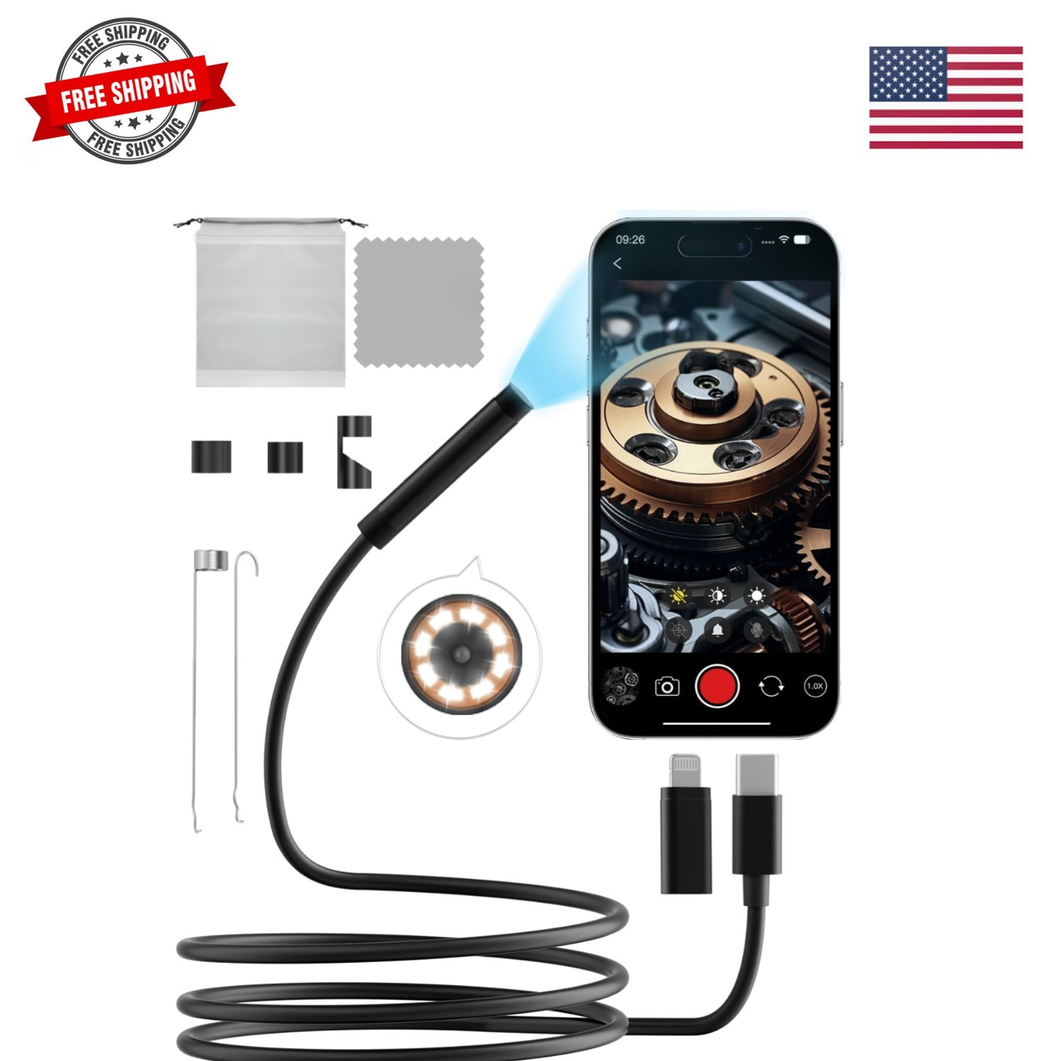 Endoscope Camera with Light,1920P HD Endoscope with 5.9ft Semi-Rigid,Endoscop...