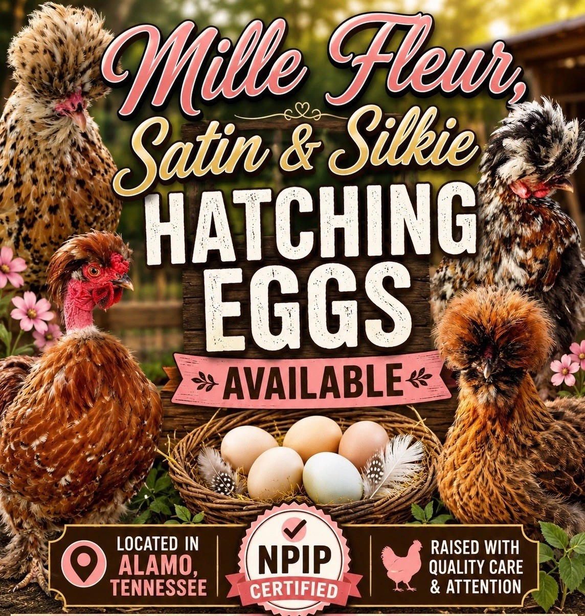 🐣 6 Mille Fleur Rare Pattern Hatching Eggs – Silkie, Satin & Frizzle Showgirl!
