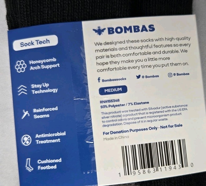 Bombas Adult Black Socks Size Medium Calf Crew Socks 5 Pairs NWT Free Shipping