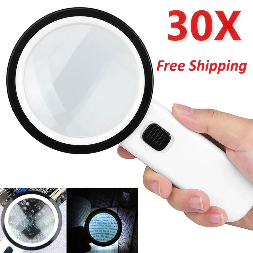 30X Jumbo Handheld Magnifying Glass w/ 12 Bright LED Light Illuminated Magnifier