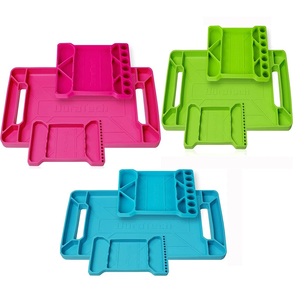 DURATECH 3Pack Flexible Tool Tray Silicone Tool Holder Organizer Blue/Pink/Green